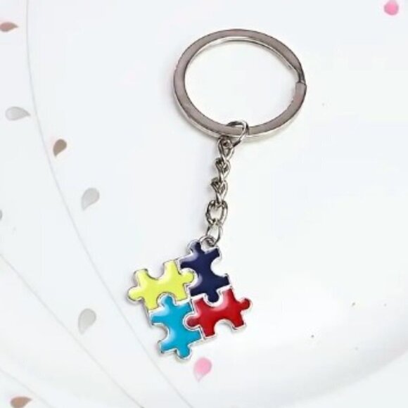 Autism Keychain Puzzle Pendant Silver Tone - Picture 1 of 1